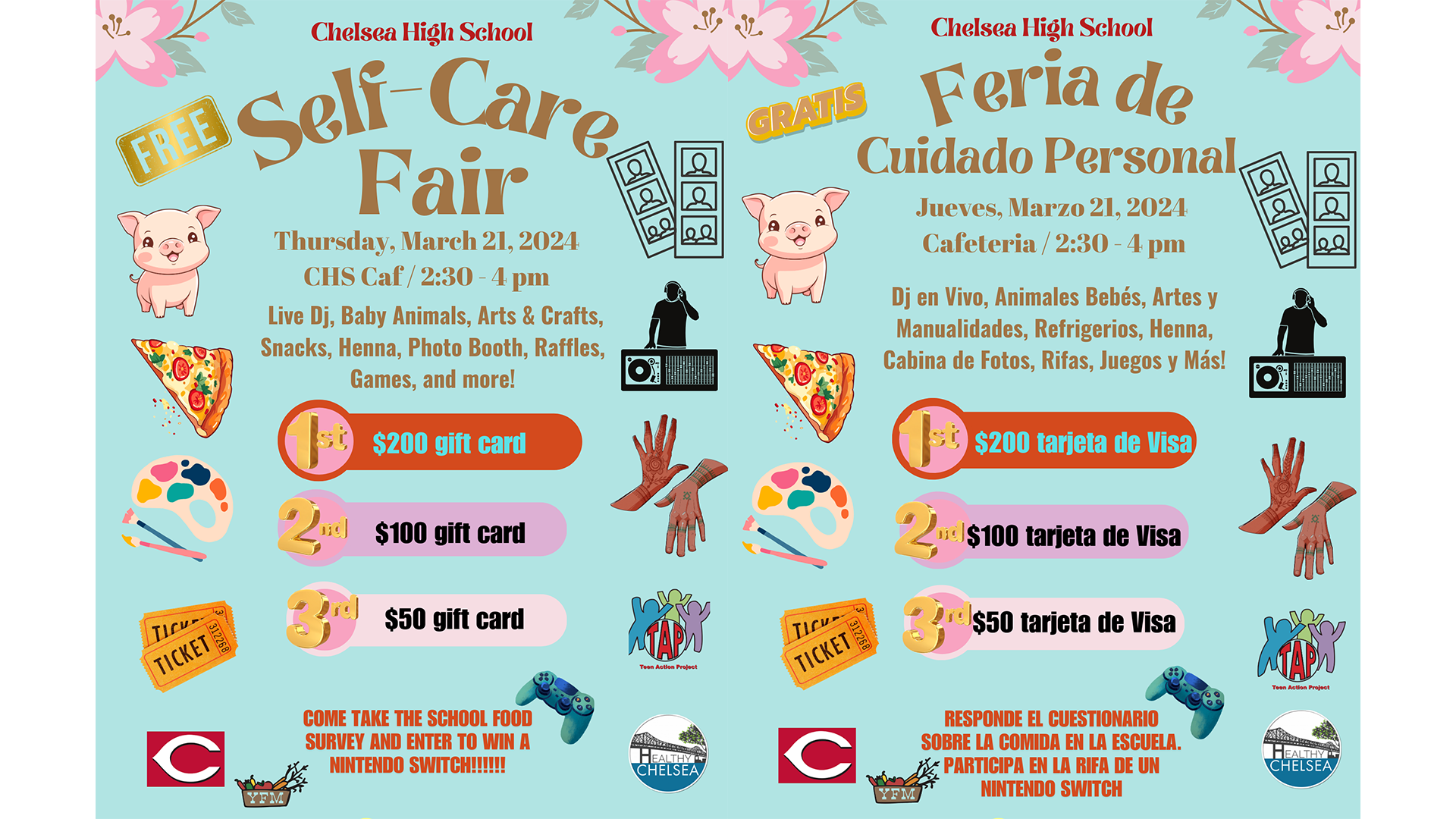 Flyer advertising Chelsea High School's Self-Care Fair in both English and Spanish